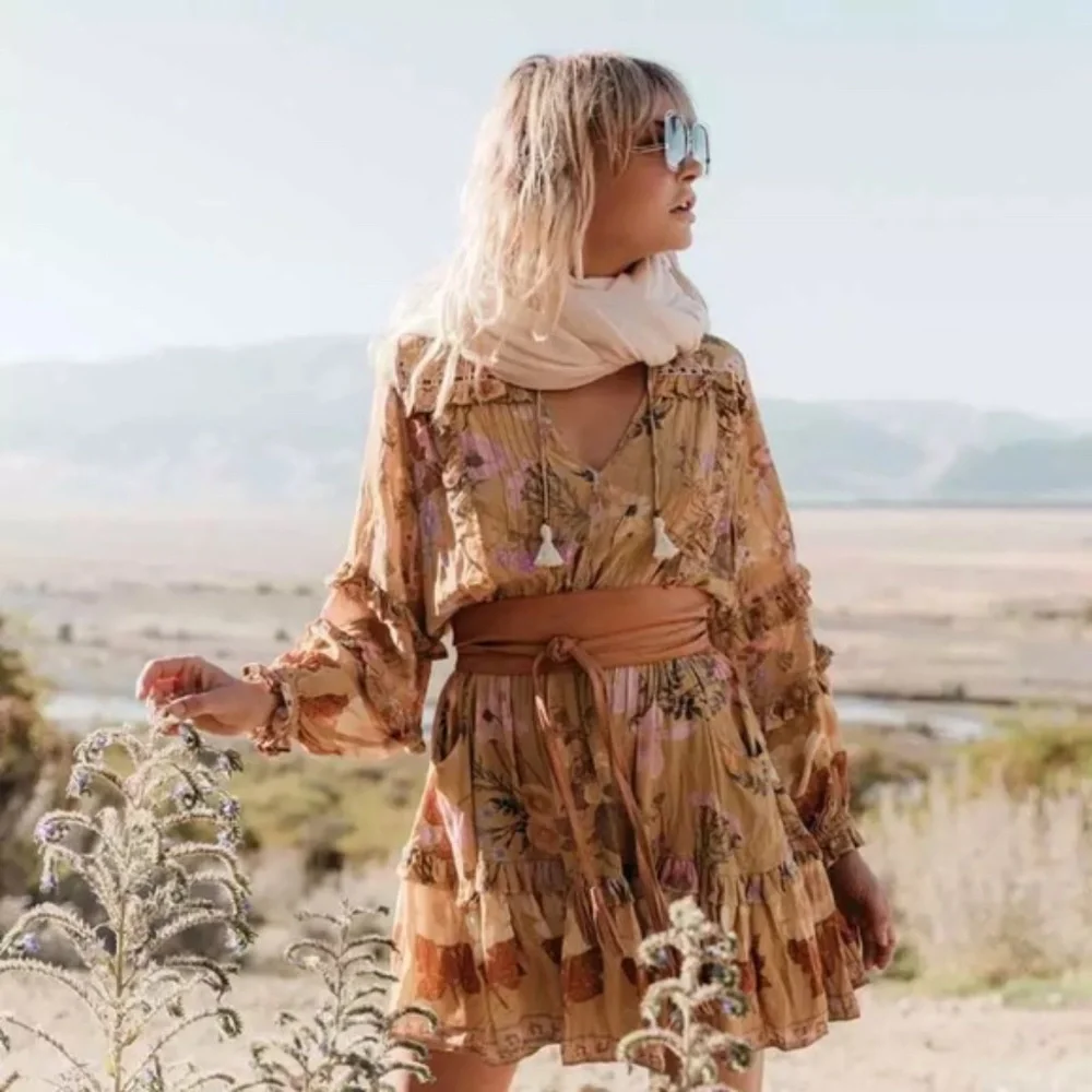 SOLD OUT Golden Floral Ruffle Fall Boho Long Sleeve Dress - Picture 5 of 12
